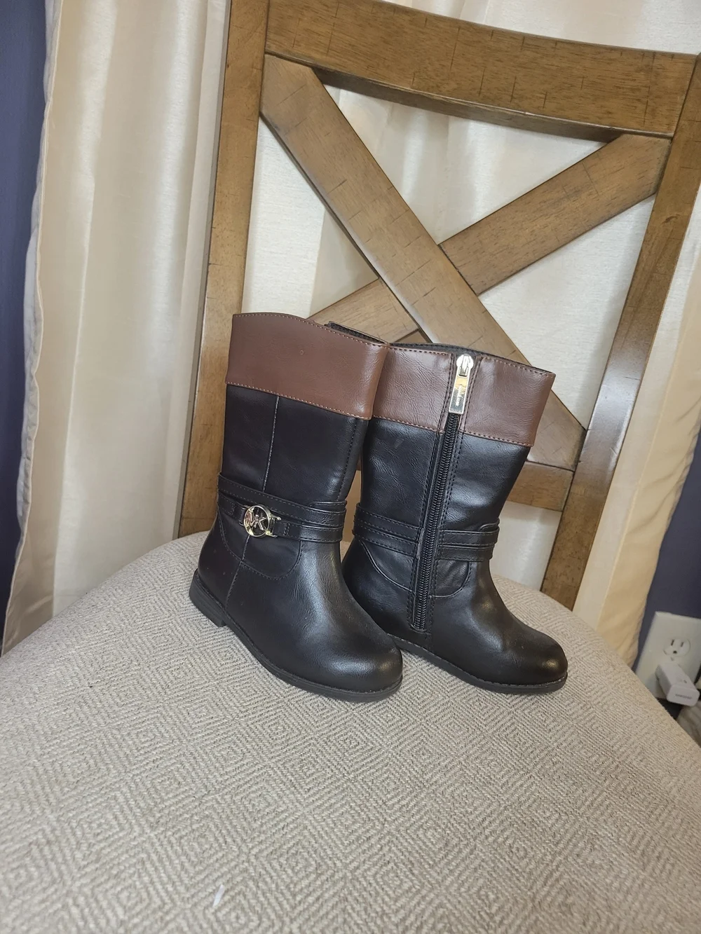 Michael Kors Black & Brown Mid-Calf Boots with Gold Logo Accent
